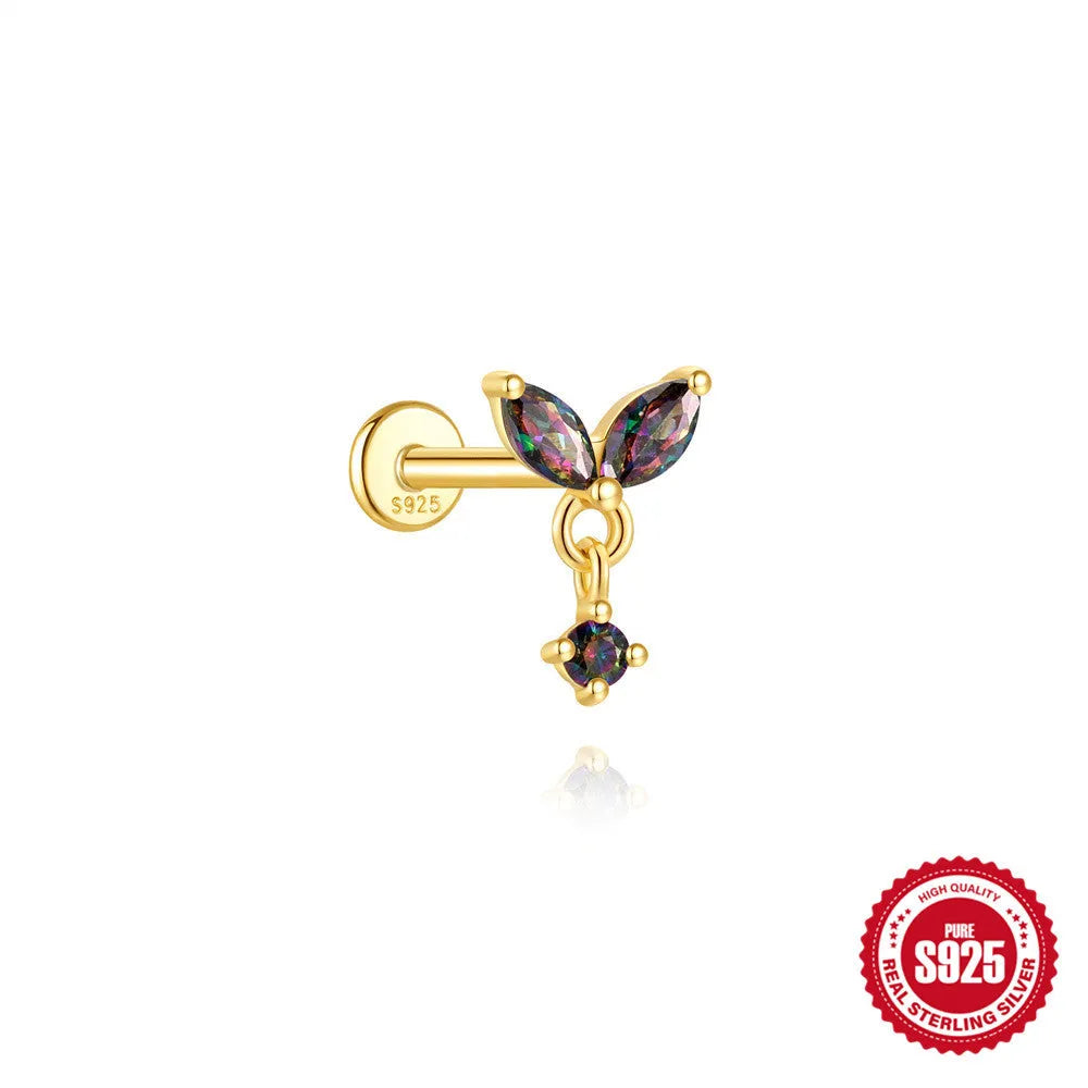 S925 sterling silver piercing earrings with rainbow stone flat head thread in gold colours