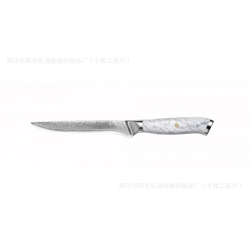 Damascus style combined chef's knife with VG10 steel blade, 21cm blade length on a wooden surface.