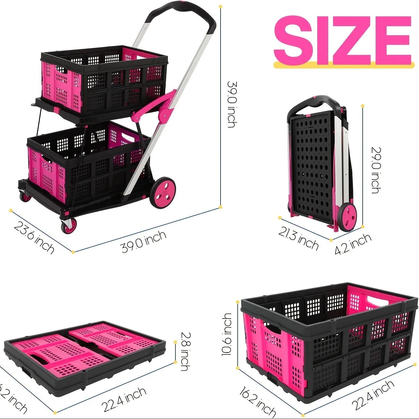 Blue foldable shopping cart with two plastic baskets and wheels, shown in an open, ready-to-use position.