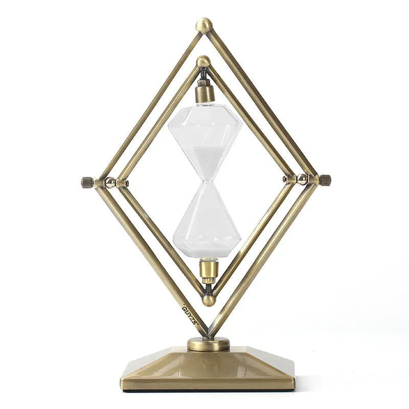 Metal-framed glass hourglass sand timer in bronze or silver with white or black sand