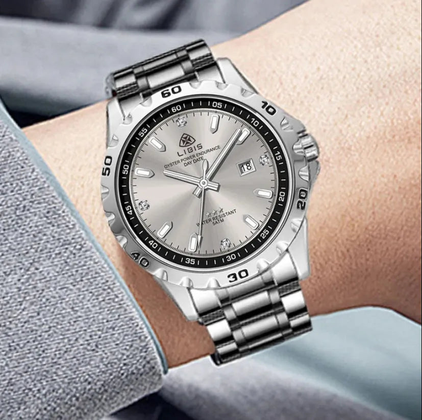 Men's silver case business watch with stainless steel strap and luminous markers on black or grey dial