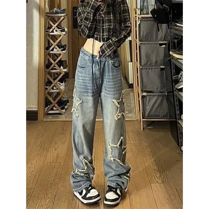 Women's blue straight-leg jeans with high waist and micro elastic denim fabric