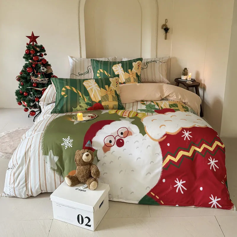 Cartoon printed super soft washed cotton chemical fibre four-piece bedding set on a bed.