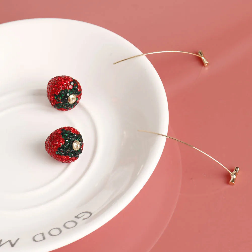 Geometric strawberry earrings with spot drill texture in C659 red zinc alloy