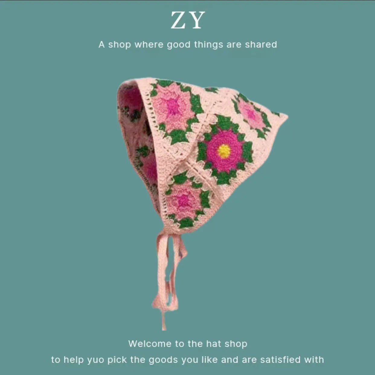 Women's cotton triangle shawl with floral French retro pattern in daisy design colours