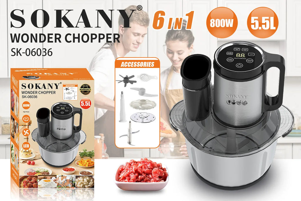Stainless steel meat grinder and food processor machine on a kitchen countertop