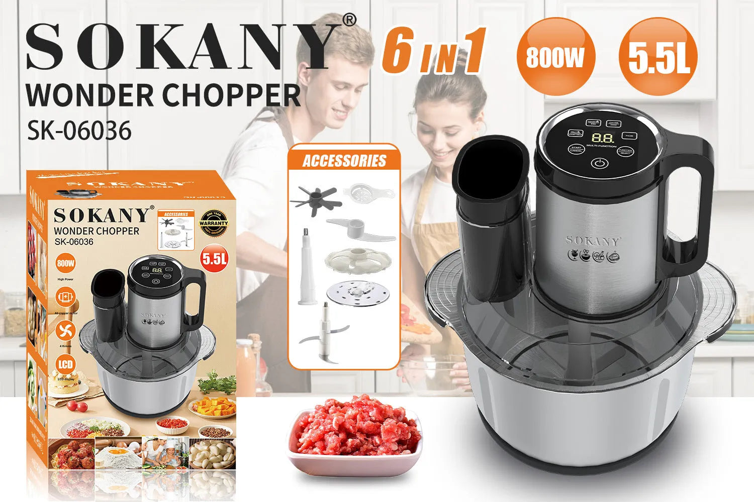 Stainless steel meat grinder and food processor machine on a kitchen countertop
