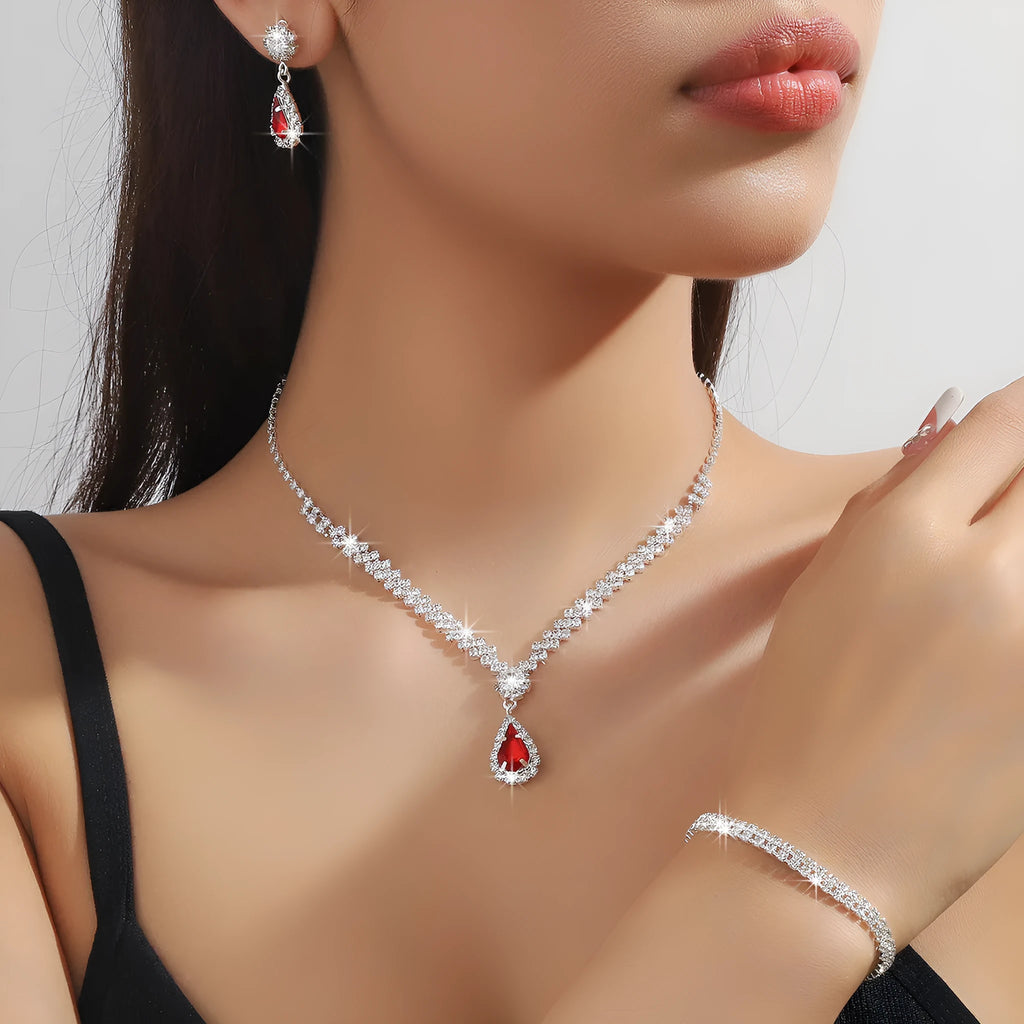 Women's claw chain necklace and earrings set with water drop rhinestones in blue colour option