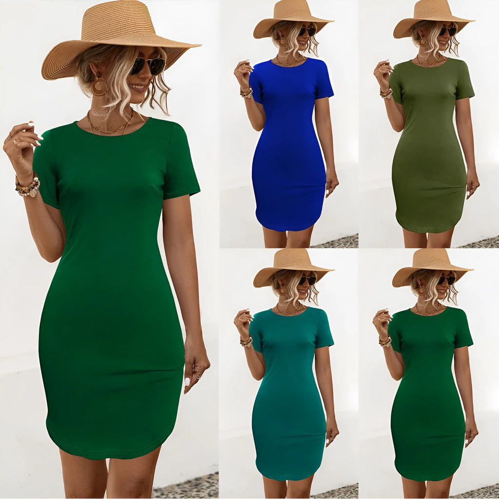 Women's slim fit short sleeve dress in dark green with a U-shaped split hem detail.