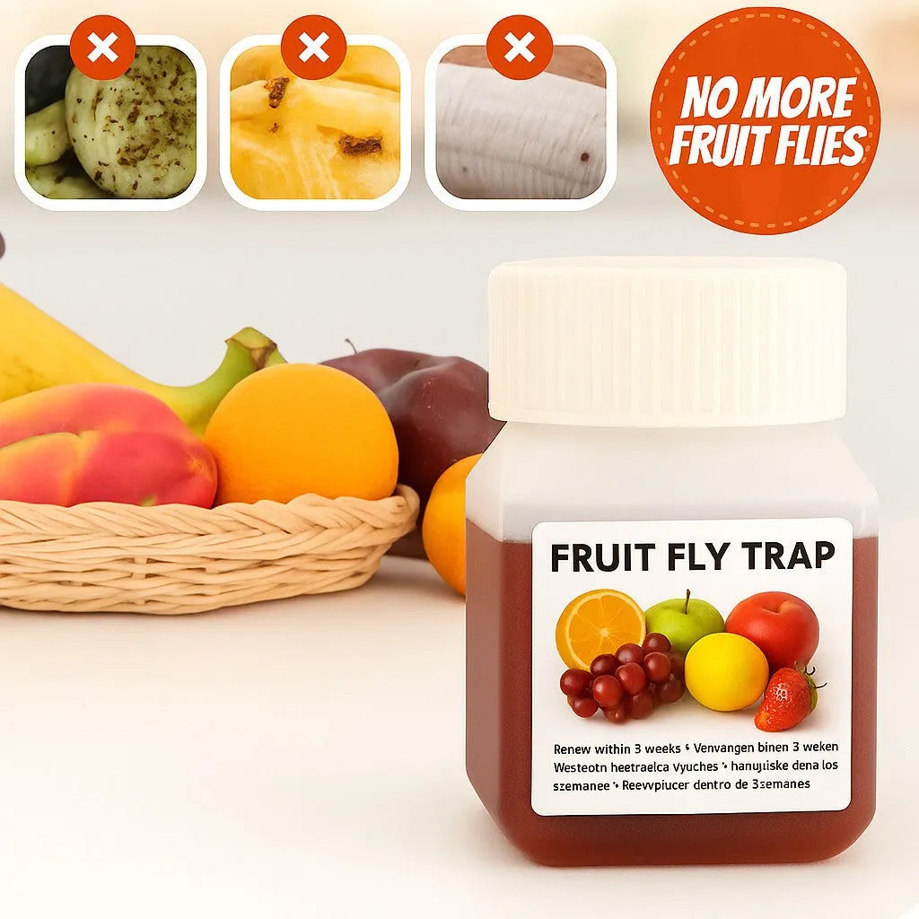 Bottle of fruit fly bait liquid with specification options for indoor pest control