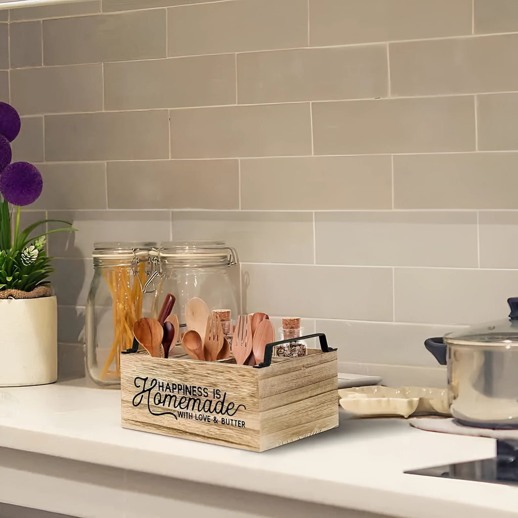 Wooden kitchen storage box with internal grid compartments for organising tableware