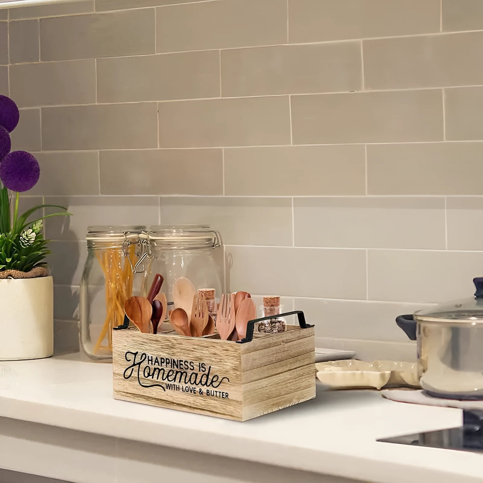 Wooden kitchen storage box with internal grid compartments for organising tableware