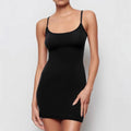 Black sling style sheath dress with sleeveless design and short skirt length
