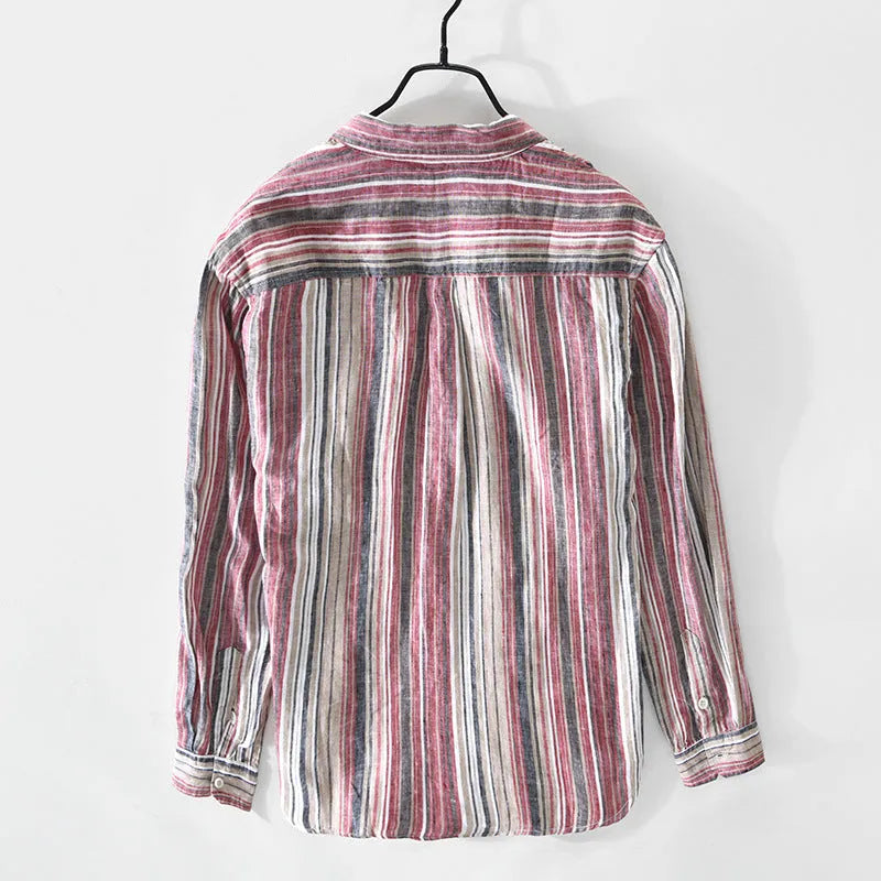 Red and grey striped linen shirt for men on a hanger, showing long sleeves and loose casual fit.