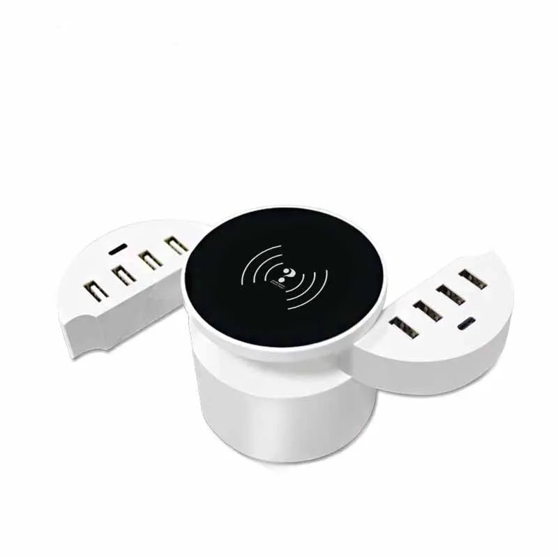 Ceramic white circular wireless charger with multiple adapters and 1.5 metre cable