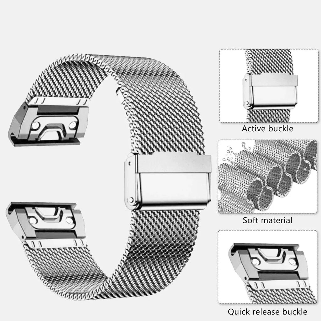Silver stainless steel card-link watch strap for Garmin Fenix watches on a grey background.