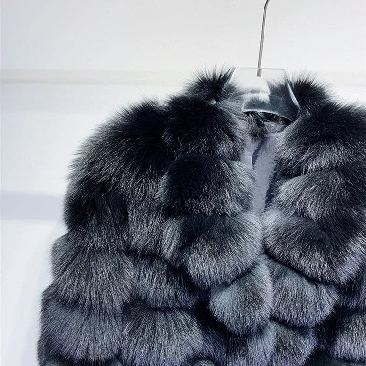 Men's real fur long winter coat in dark black with pockets and regular sleeves