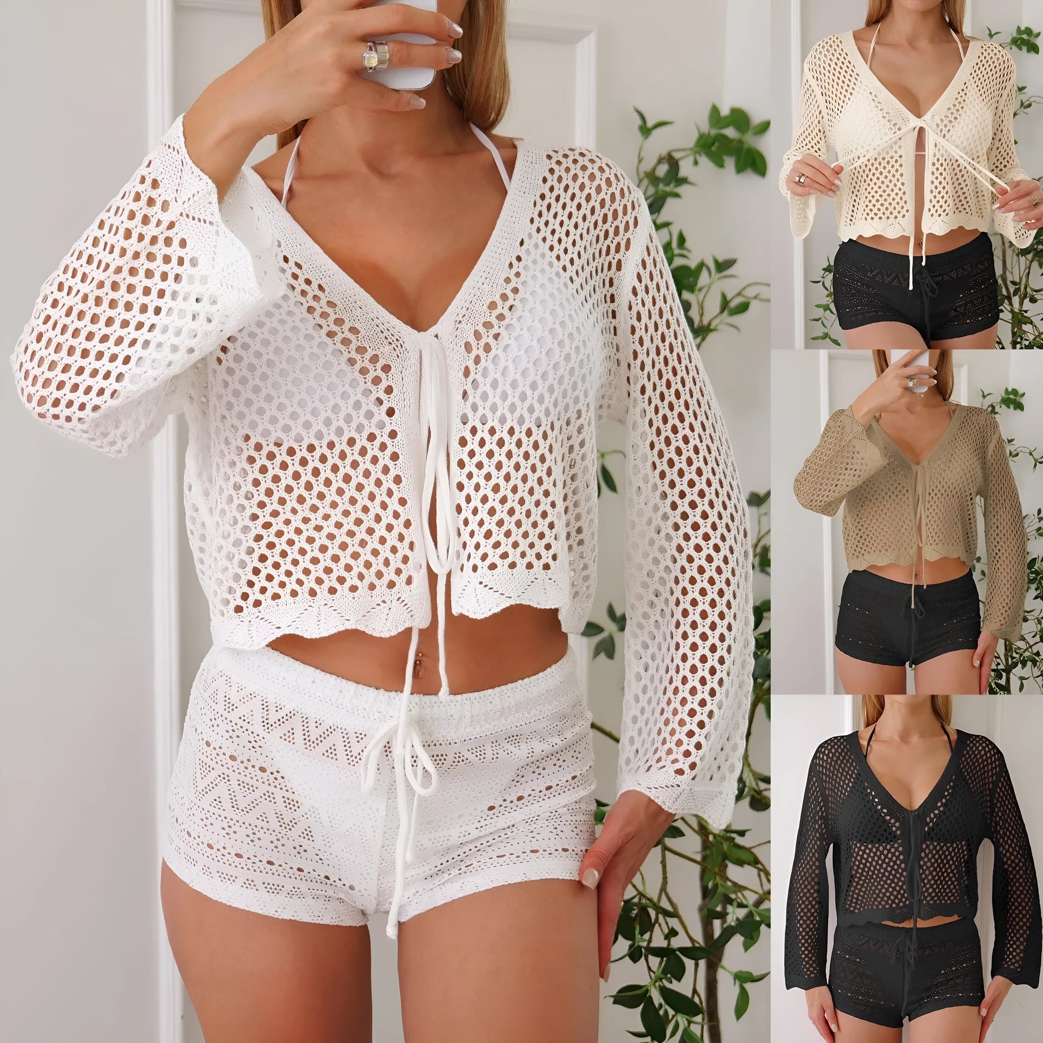 Short women's cardigan blouse with bell sleeves in a hollow woven cotton-like fabric.