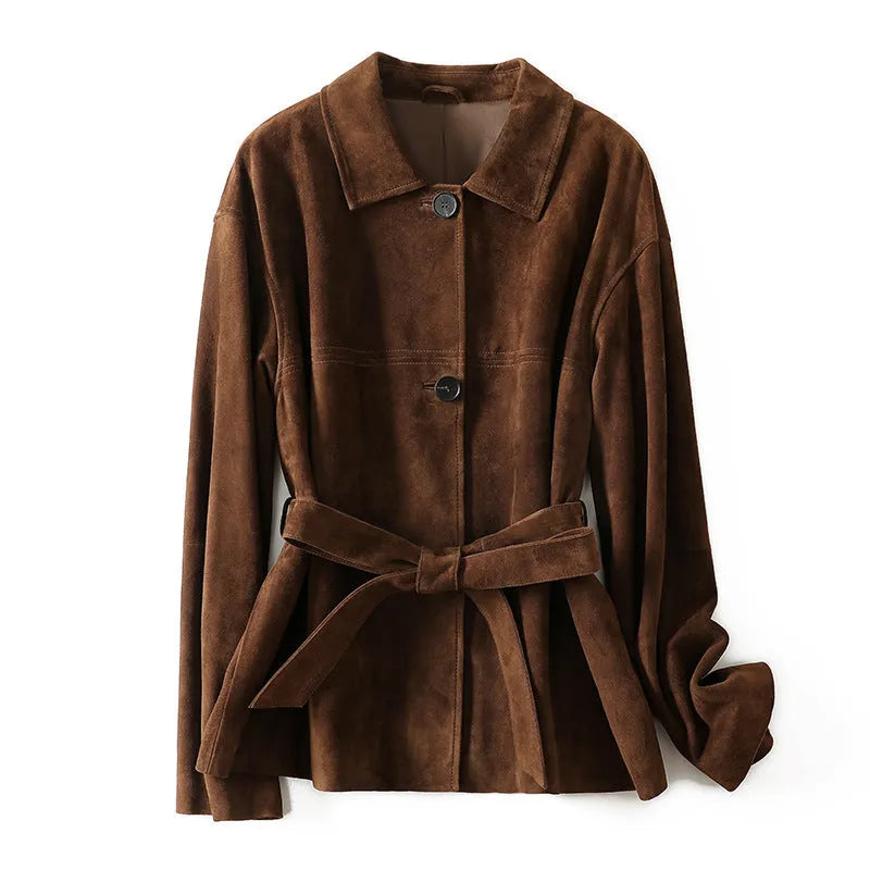 Women's mid-length caramel mocha cashmere coat with Peter Pan collar and leather stitching detail.