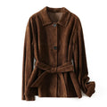 Women's mid-length caramel mocha cashmere coat with Peter Pan collar and leather stitching detail.