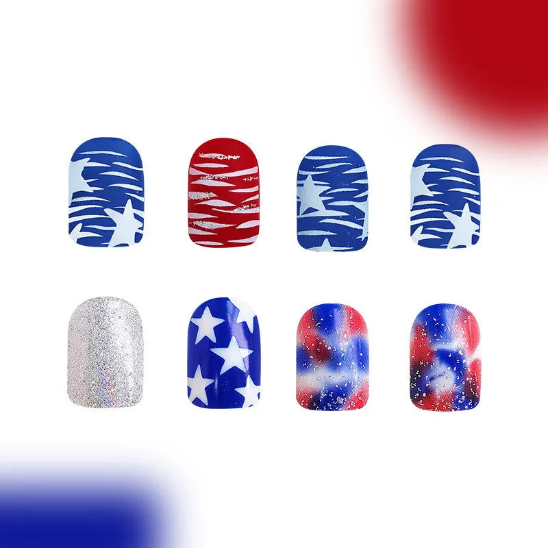 Red, white and blue glitter artificial nail tips with patriotic design in short almond shape
