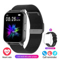 Smart colour screen watch showing health metrics on display, available with black or rose gold mesh and tape straps.