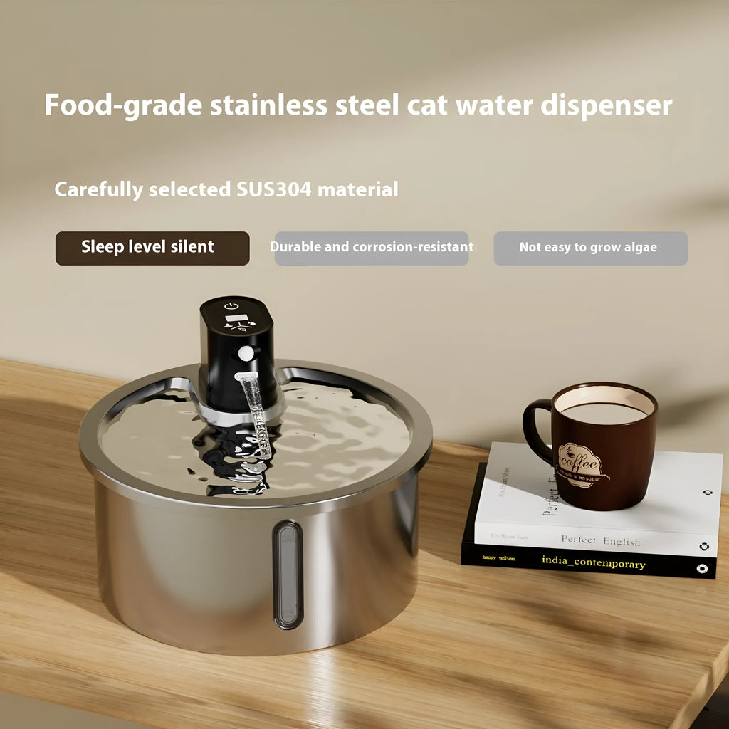 Black and white heated pet water fountain with stainless steel basin on a temperature control base.
