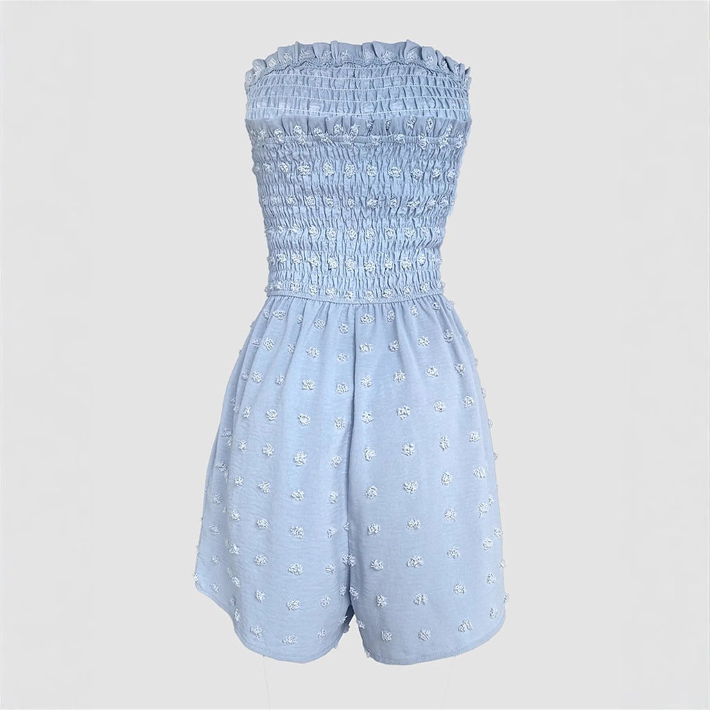 Blue sleeveless off-shoulder women's jumpsuit with button detail and mid waist fit
