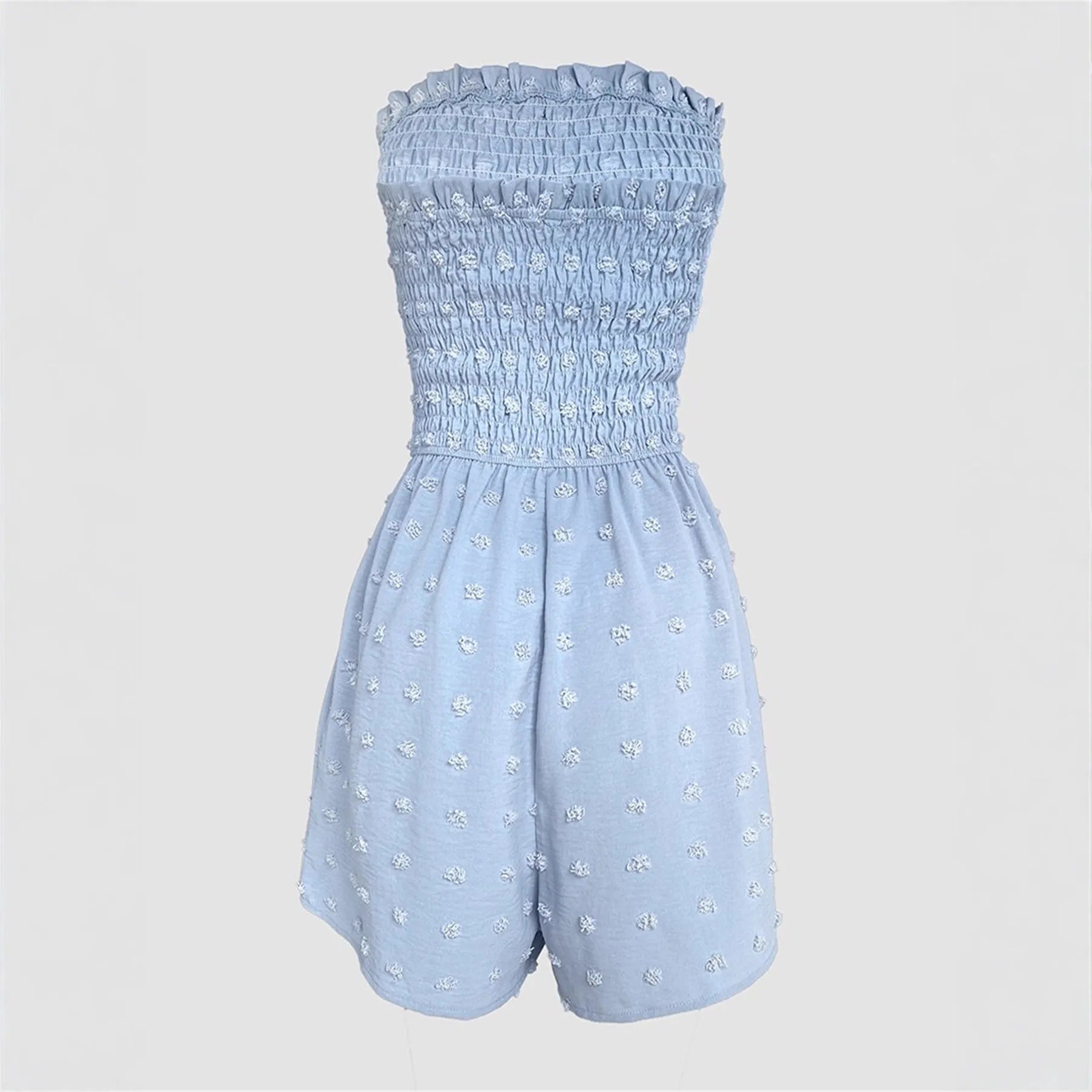 Blue sleeveless off-shoulder women's jumpsuit with button detail and mid waist fit