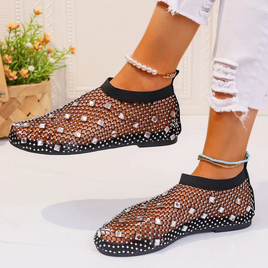 Women's colourful rhinestone decorated mesh flat sandals with round toe and rubber soles