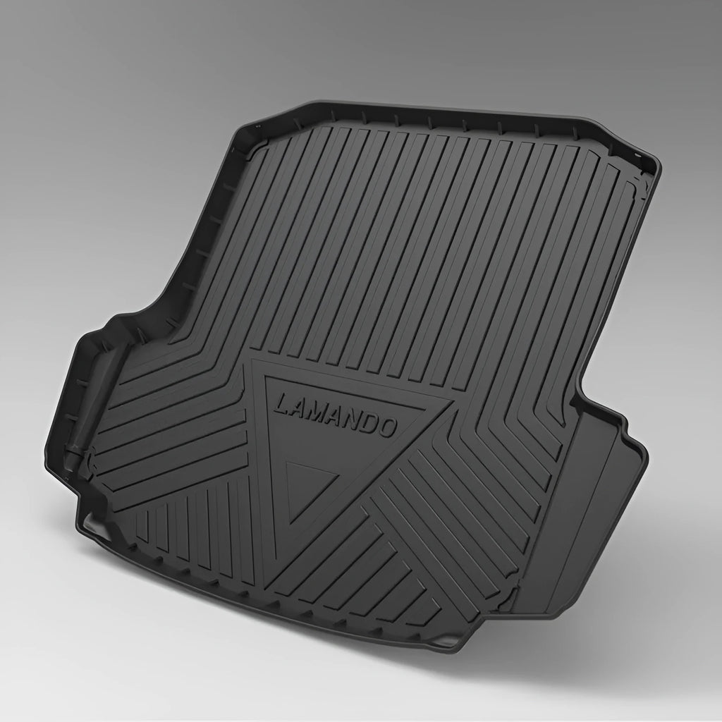 Black car trunk protection pad with a textured carbon fibre pattern, made from TPE material.