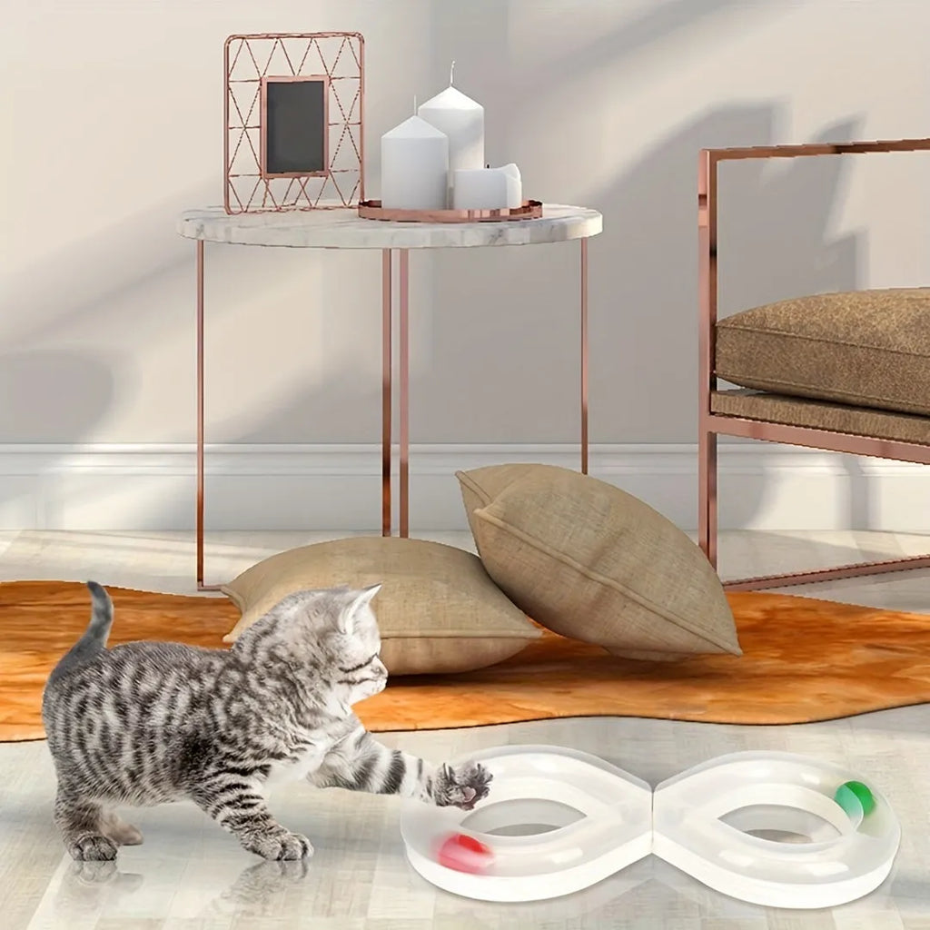 Blue rotating cat turntable toy with track ball and teasing stick measuring 50cm long