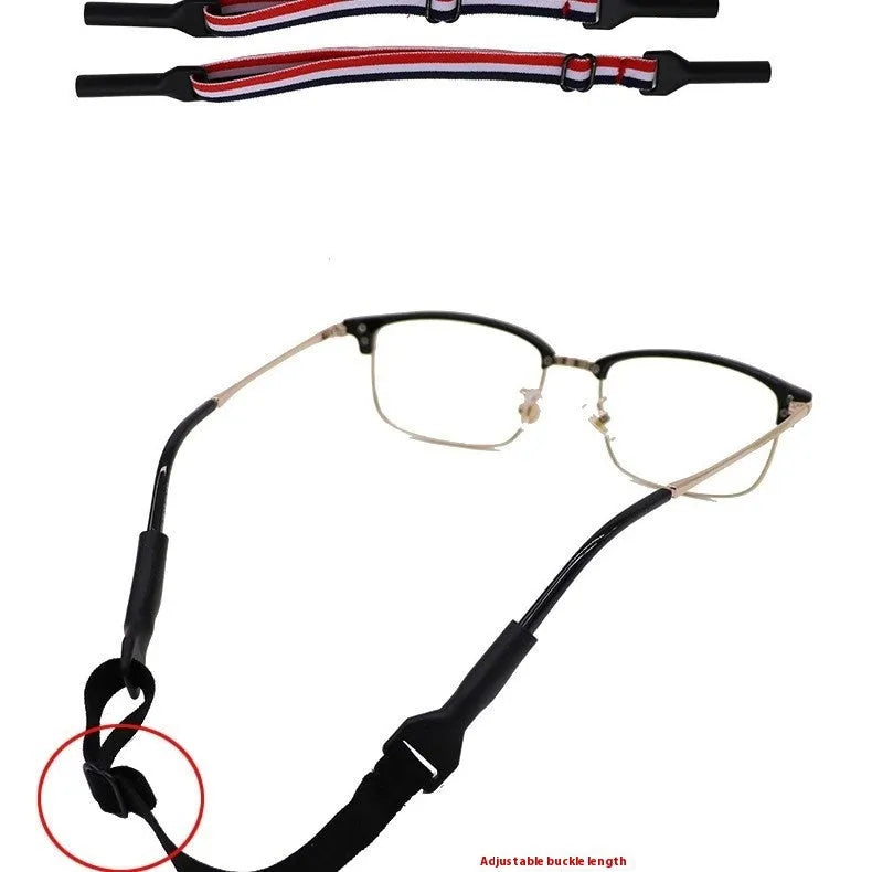 Black adjustable glasses cord with silicone ends and anti-skid fibre rope for eyewear retention