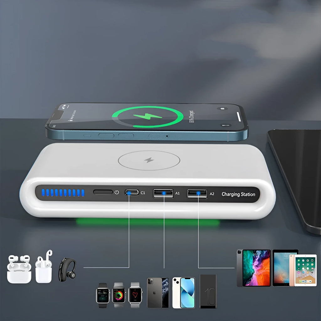 White rectangular desktop wireless charging pad with integrated multi-colour atmosphere lamp.
