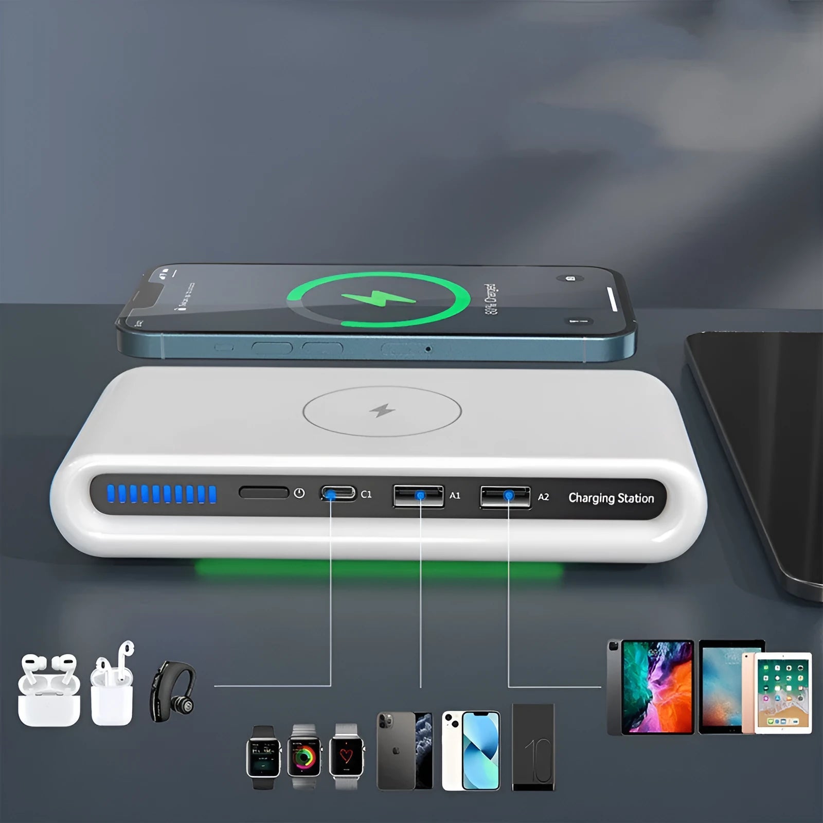 White rectangular desktop wireless charging pad with integrated multi-colour atmosphere lamp.