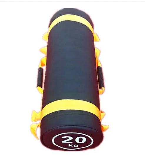 White PVC fitness training sandbag for weight lifting in various kg options.