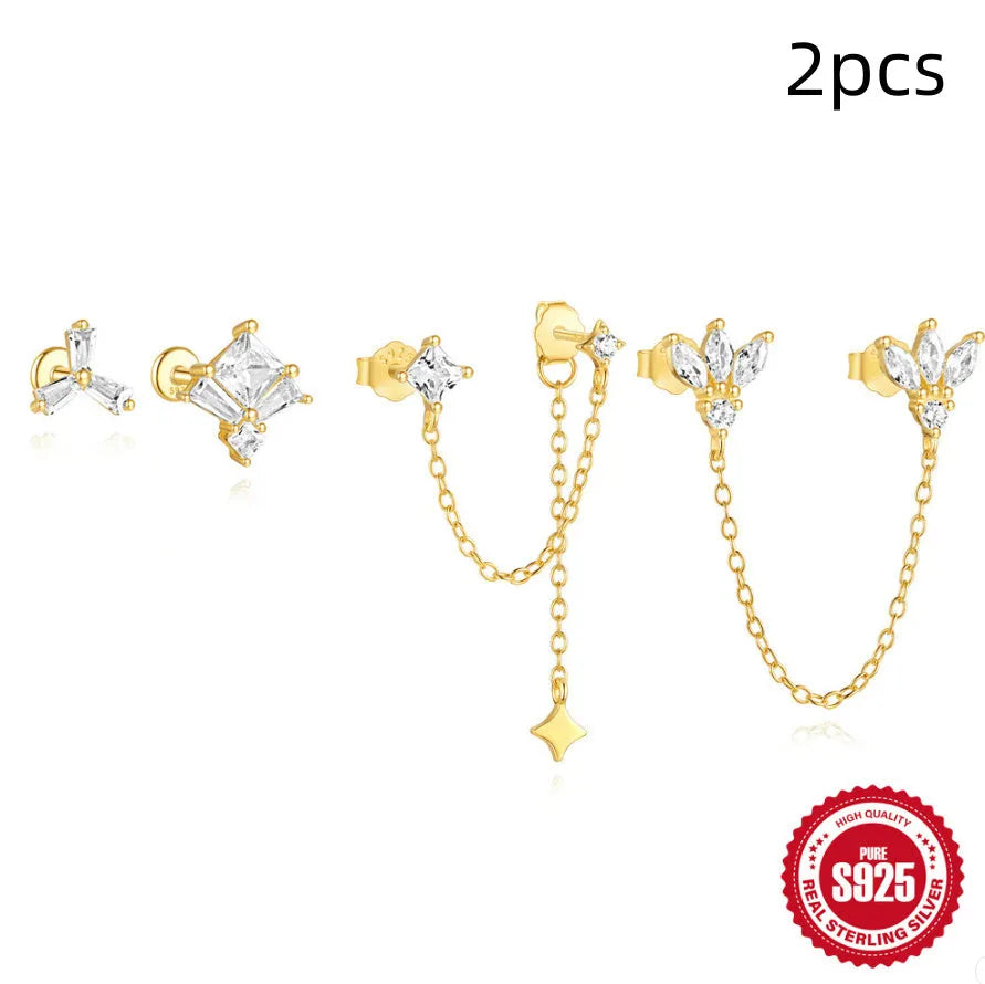 S925 sterling silver double ear piercings stud earrings with zircon inlaid chain in golden geometric designs