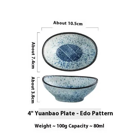 Oval Japanese ceramic sauce dipping bowl on a table, showing its 5cm height and decorative underglaze pattern.
