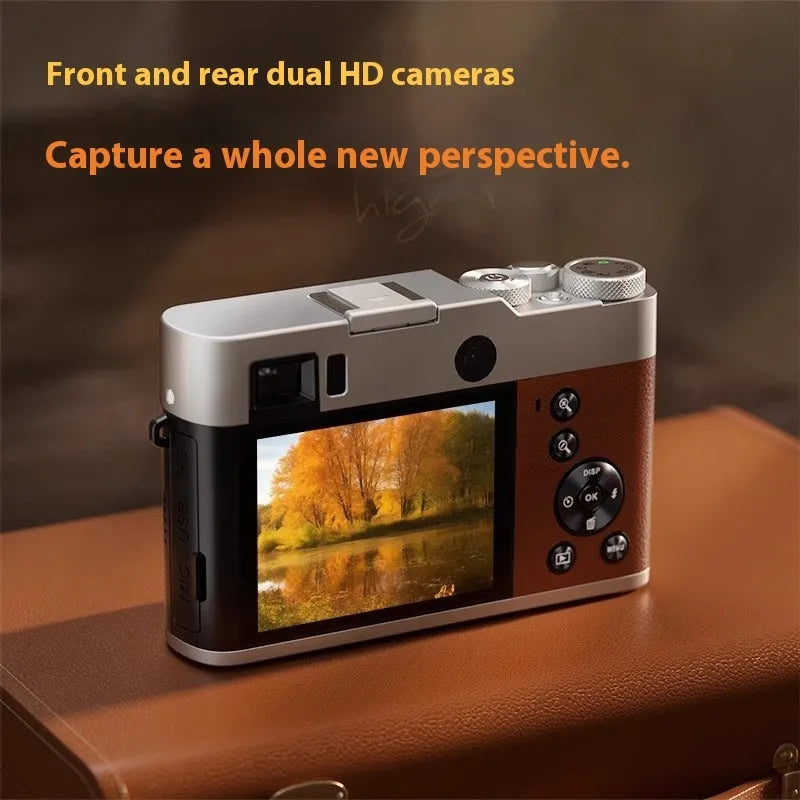 Black 5K HD digital camera with optical viewfinder and 2.88-inch screen shown with included accessories.