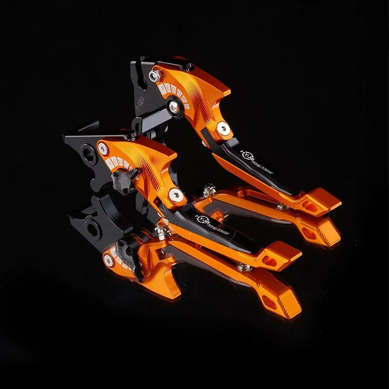 Pair of anodised metal motorcycle horn handle clutch levers with six-speed adjustable length, shown in a selection of colour finishes