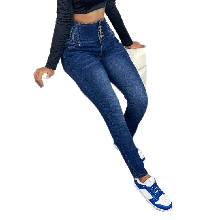 Dark blue women's straight-leg denim trousers with button and zip fastening