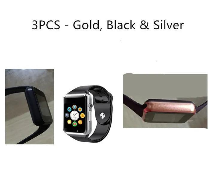 A1 Smart Watch with 1.54 inch touchscreen display showing interface, GSM SIM slot, and camera lens
