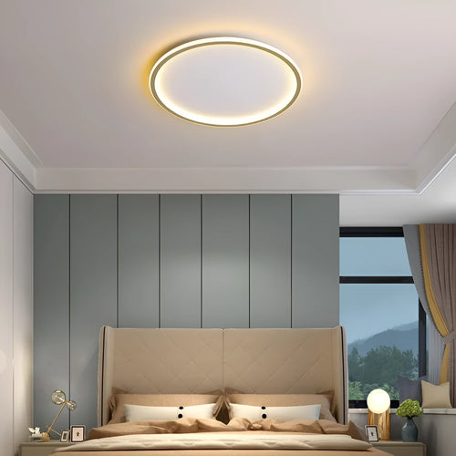 Minimalist circular ceiling lamp in black, white, or gold finish with LED light source