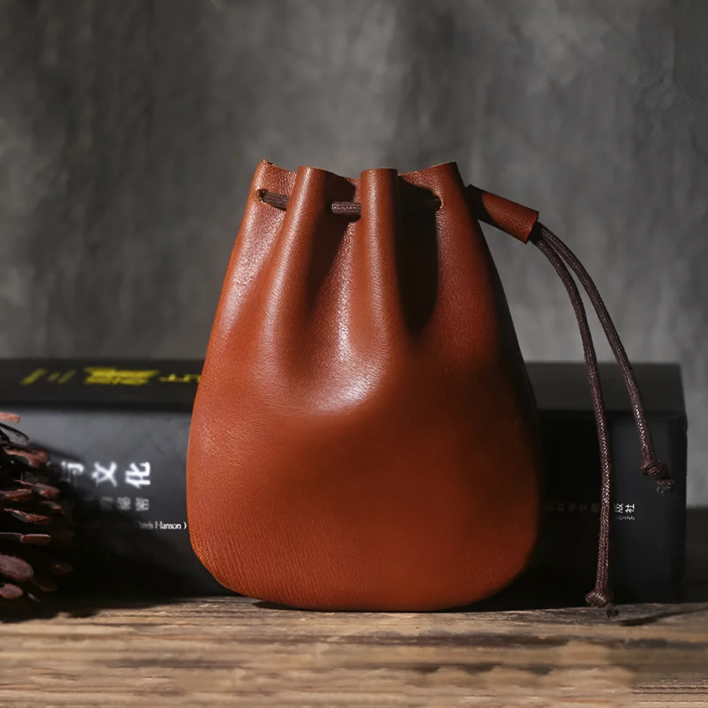 Genuine cowhide leather drawstring bundle wallet in European American retro style
