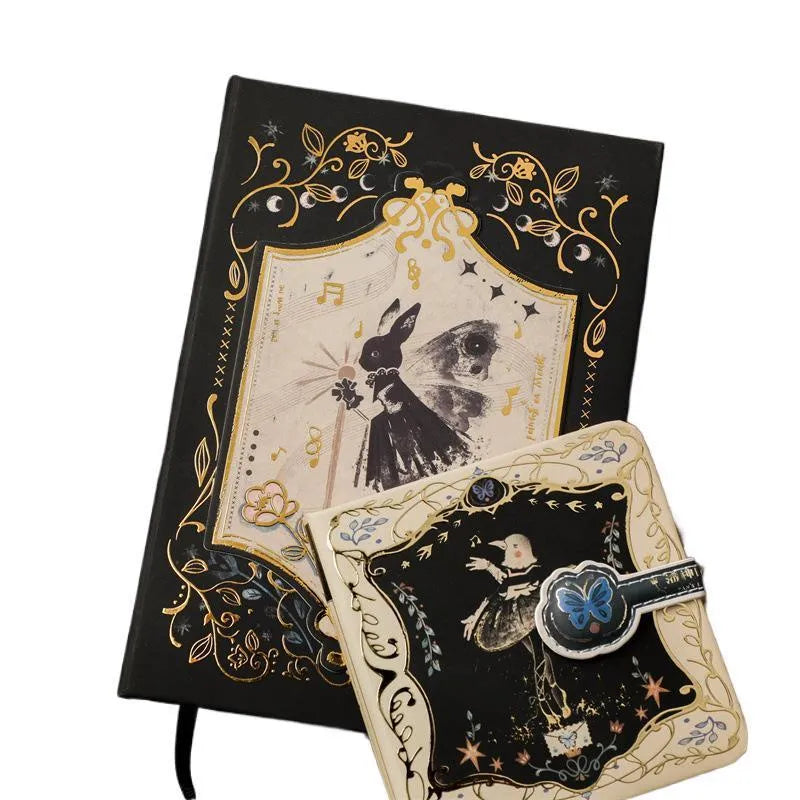 Retro art A5 notebook with gothic style cover designs showing rabbit motifs, forest themes, and fruit patterns
