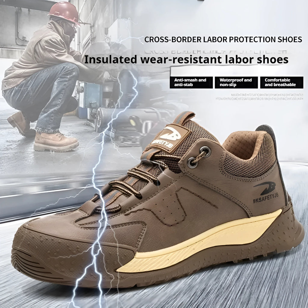 Men's black Flyknit leather work shoes with a safety toe cap and rubber sole on a work site background.