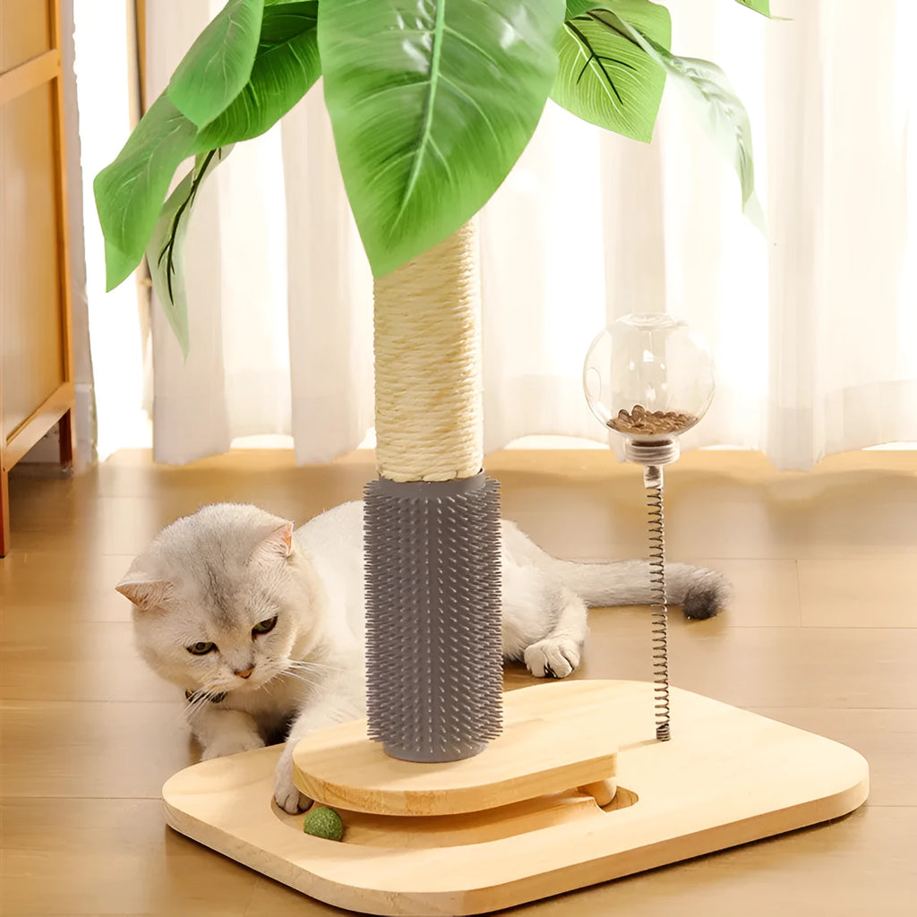 Wooden vertical cat scratching post in canna green colour with food drop ball feature