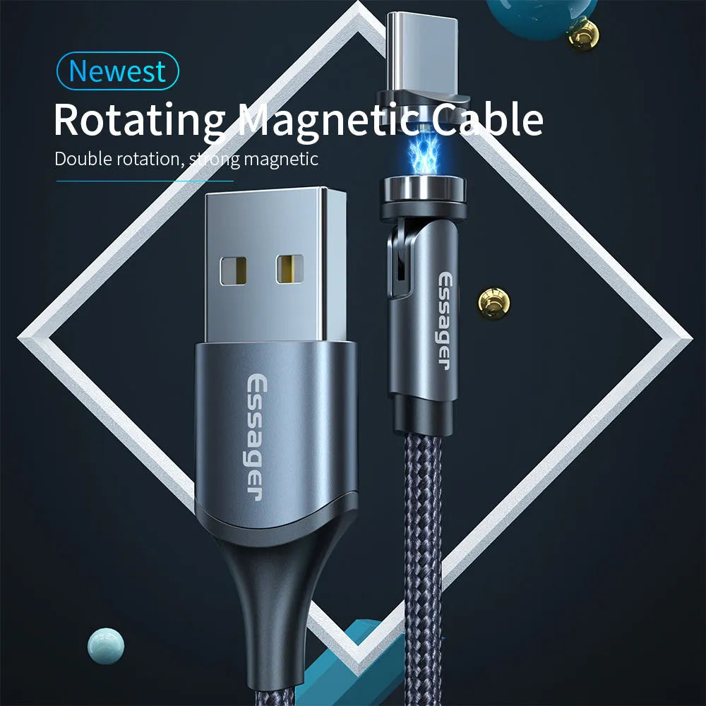 Essager black magnetic USB cable with rotating head and blue LED light, shown connecting to a phone.