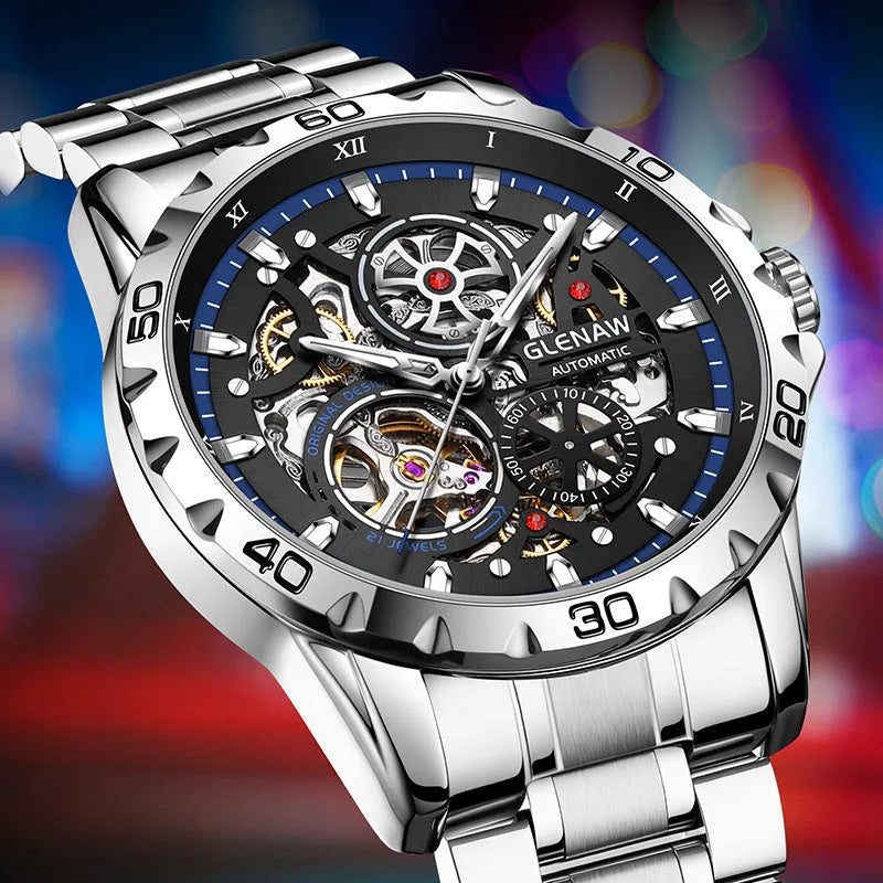 Men's automatic mechanical watch with hollow-out design showing movement through transparent back
