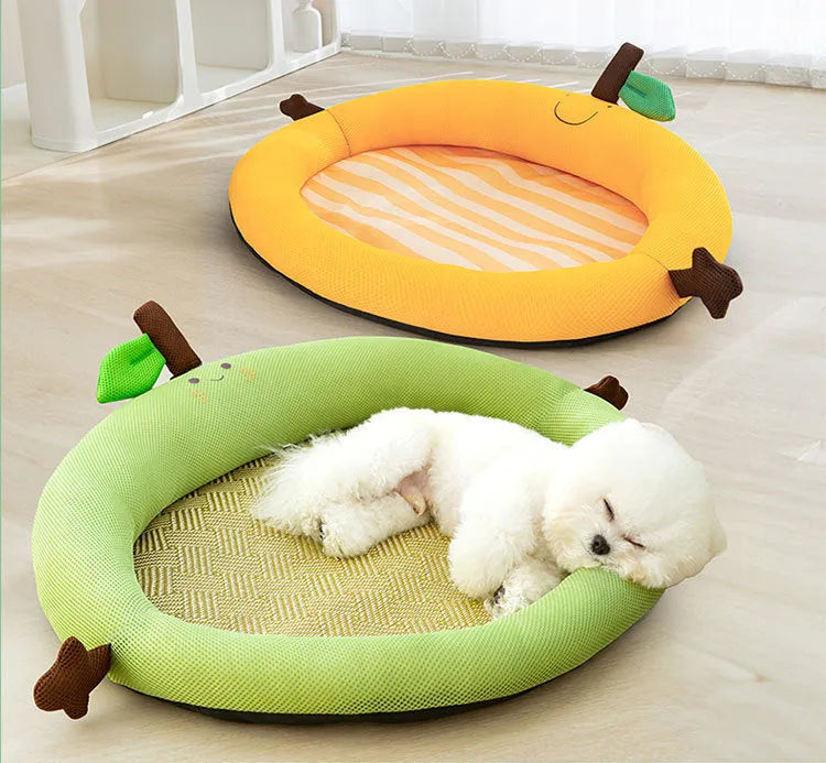 Green fruit-themed pet cooling mat nest with backrest for dogs and cats